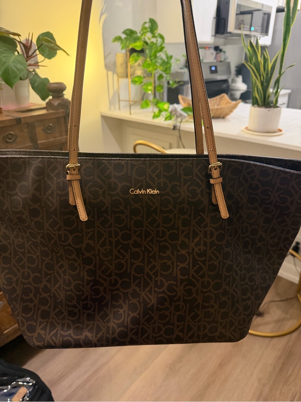 Calvin Klein Brown Monogram Tote with Tan Straps